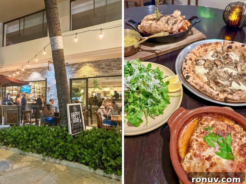 10 Must-Try Waikiki Dinner Spots 5 Left: The exterior at Appetito Craft Pizza & Wine Bar. Right: Pizza, lasagne, arugula salad and chicken.