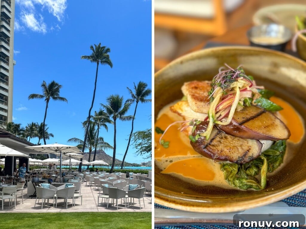 10 Must-Try Waikiki Dinner Spots 6 Left: House without a Key alfresco dining area with a view of Diamond Head in the background. Right: delicious dinner.