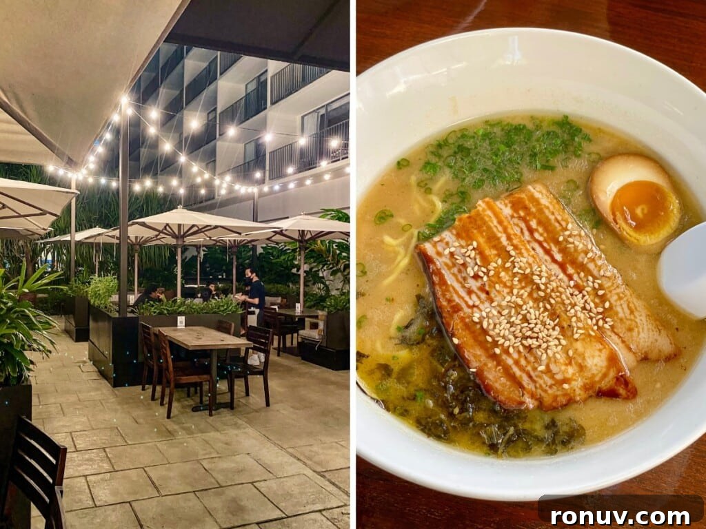 10 Must-Try Waikiki Dinner Spots 7 Left: Momosan Waikiki outdoor dining area in the evening lit up by fairy lights. Right: Hearty bowl of ramen.