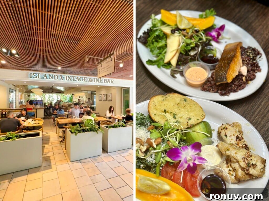 10 Must-Try Waikiki Dinner Spots 8 Left: Entry of Island Vintage Wine Bar. Right: seafood dishes decorated with a tropical flower.