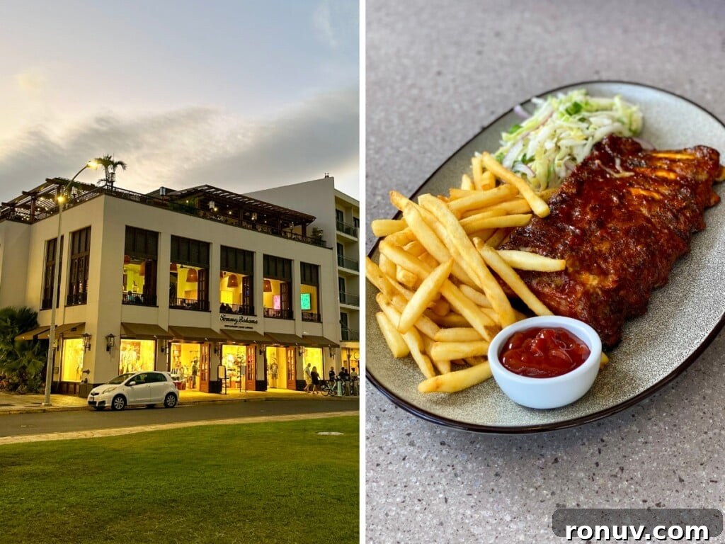 10 Must-Try Waikiki Dinner Spots 9 Left: Exterior of Tommy Bahama restaurant in Waikīkī. Right: a plate of ribs with sides.