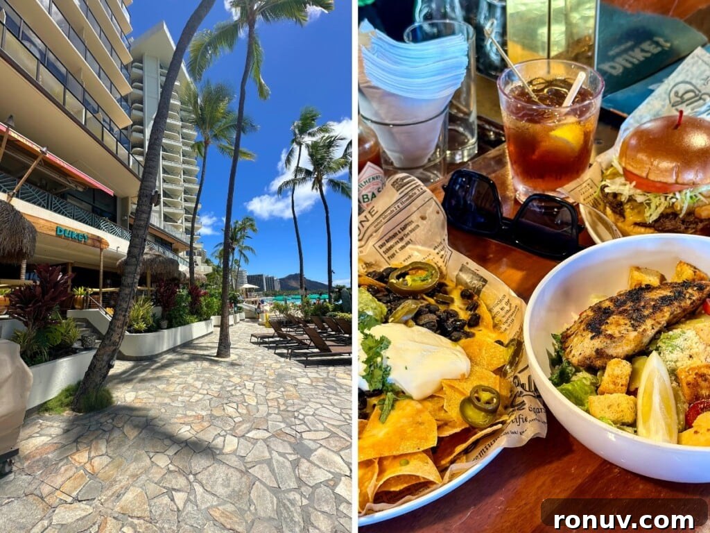 10 Must-Try Waikiki Dinner Spots 10 Left: entry of Dukes Waikiki with blue sky & palm trees with a view of Diamond Head in the background. Right: Nachos, chicken salad & a burger.