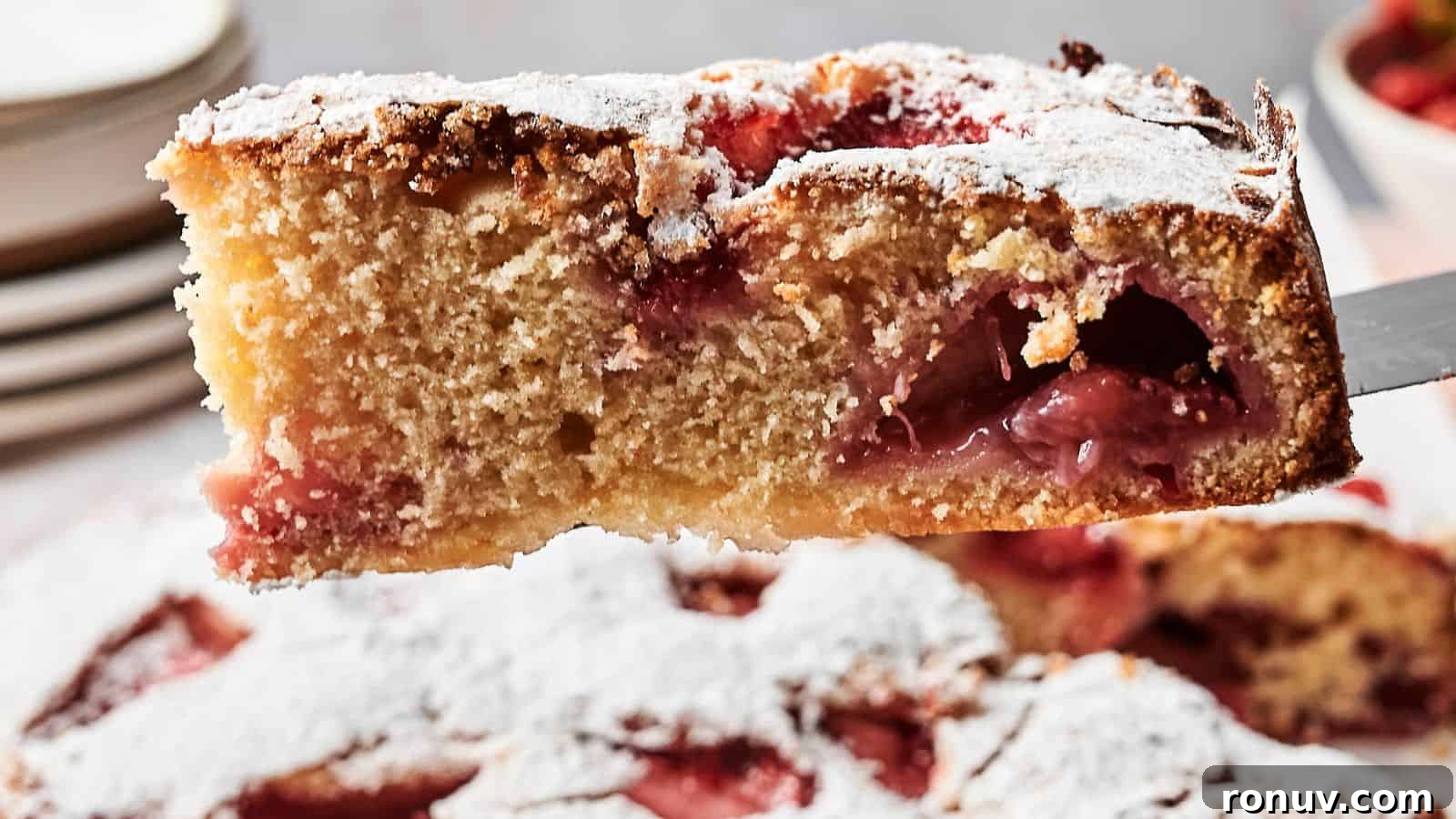 21 Strawberry Recipes to Savor Strawberry Season 11 Close-up of a slice of strawberry cake dusted with powdered sugar, showing a fluffy texture and pieces of strawberries inside.