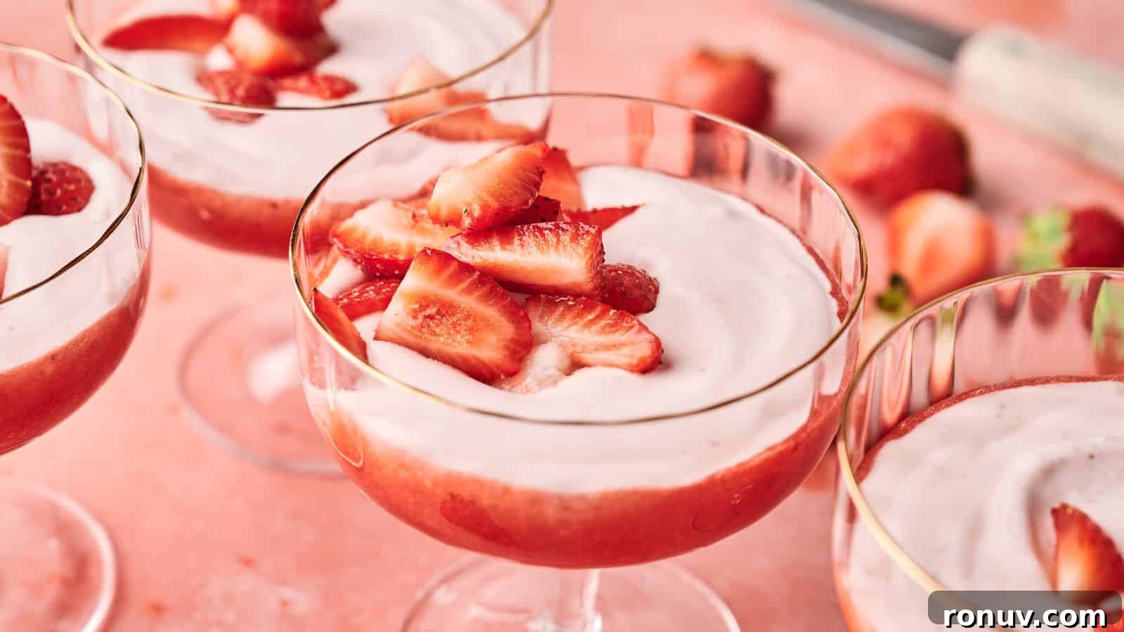21 Strawberry Recipes to Savor Strawberry Season 12 Three glass dessert cups filled with strawberry mousse, topped with fresh strawberry slices on a pink surface.