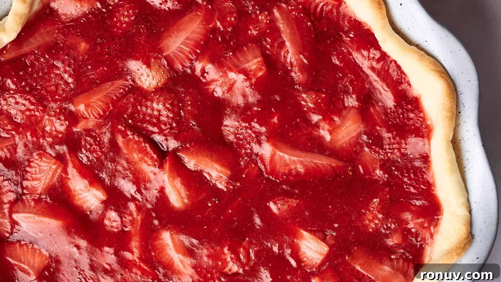 21 Strawberry Recipes to Savor Strawberry Season 14 Close-up of a strawberry pizza featuring a thin crust topped with a layer of strawberry sauce and sliced strawberries, evoking the delightful appearance of a strawberry pie with its vibrant red color.