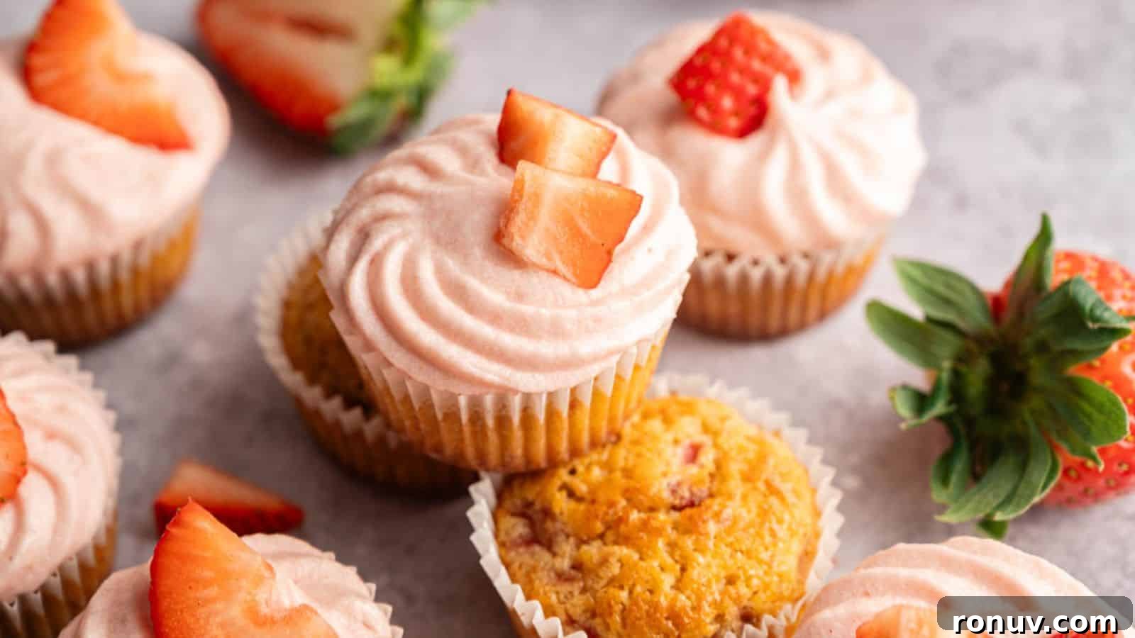 21 Strawberry Recipes to Savor Strawberry Season 15 Several cupcakes topped with pink strawberry frosting and fresh strawberry pieces are arranged on a light surface, with whole and sliced strawberries nearby.