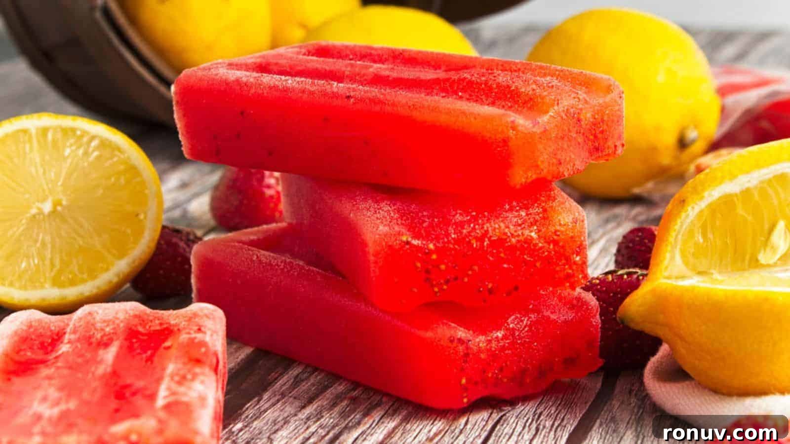 21 Strawberry Recipes to Savor Strawberry Season 16 Stack of red popsicles surrounded by sliced lemons and strawberries on a wooden surface with a basket in the background.