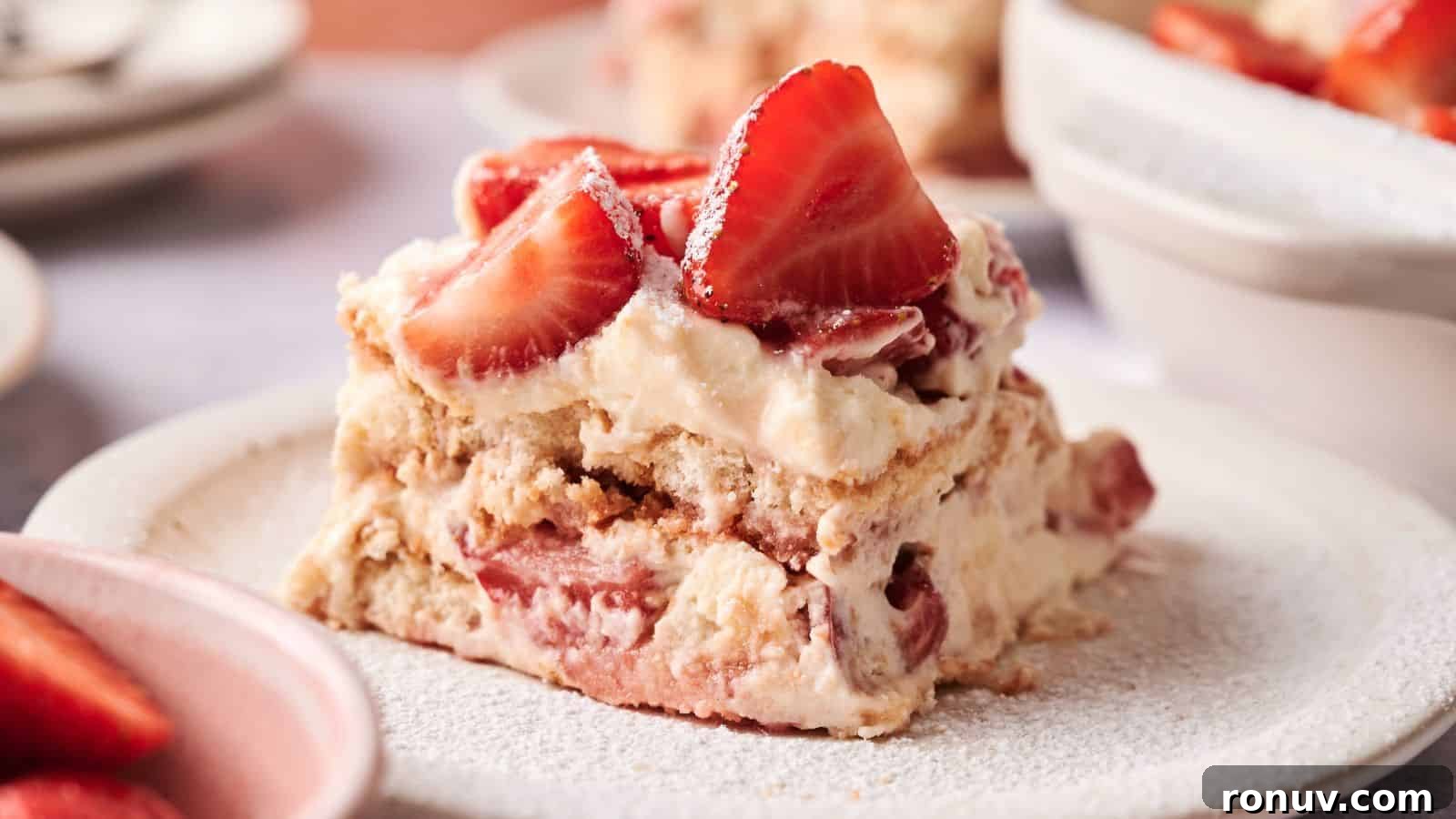 21 Strawberry Recipes to Savor Strawberry Season 20 A slice of strawberry tiramisu with layers of cream, ladyfingers, and fresh strawberries is served on a white plate.