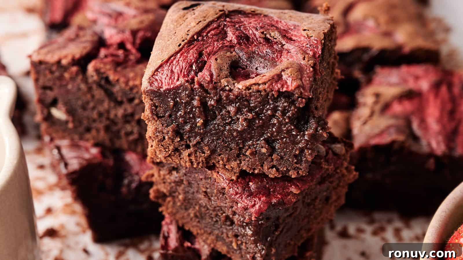 21 Strawberry Recipes to Savor Strawberry Season 3 Two pieces of chocolate brownies with a swirl of red fruit, possibly raspberry or cherry, stacked on a surface with more brownies in the background.