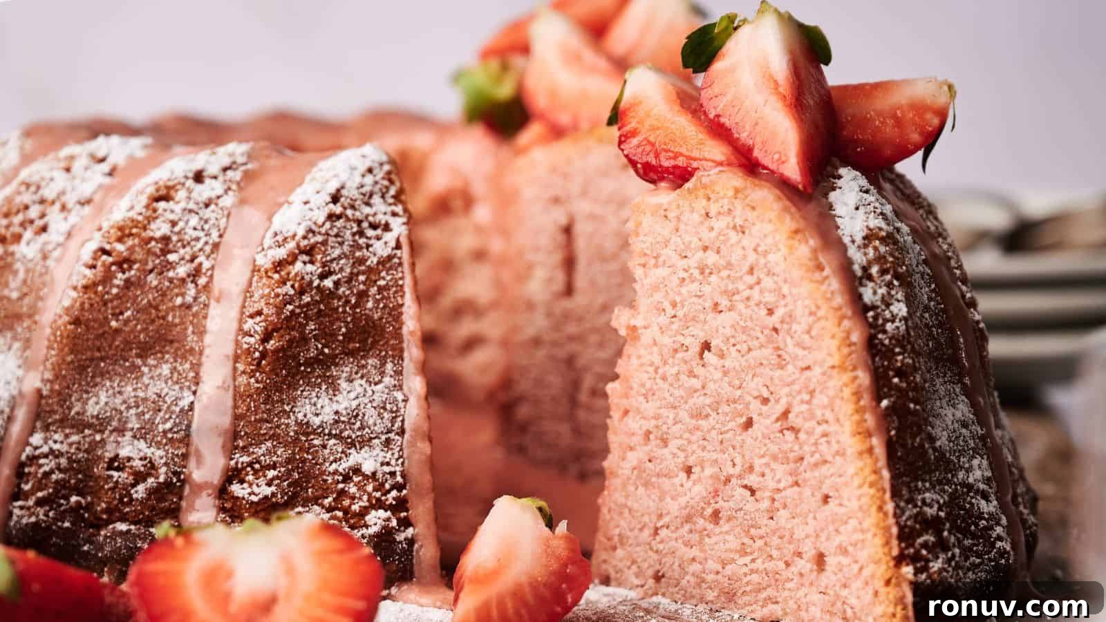 21 Strawberry Recipes to Savor Strawberry Season 21 A sliced bundt cake with a pink interior, topped with powdered sugar, glaze, and fresh strawberries.