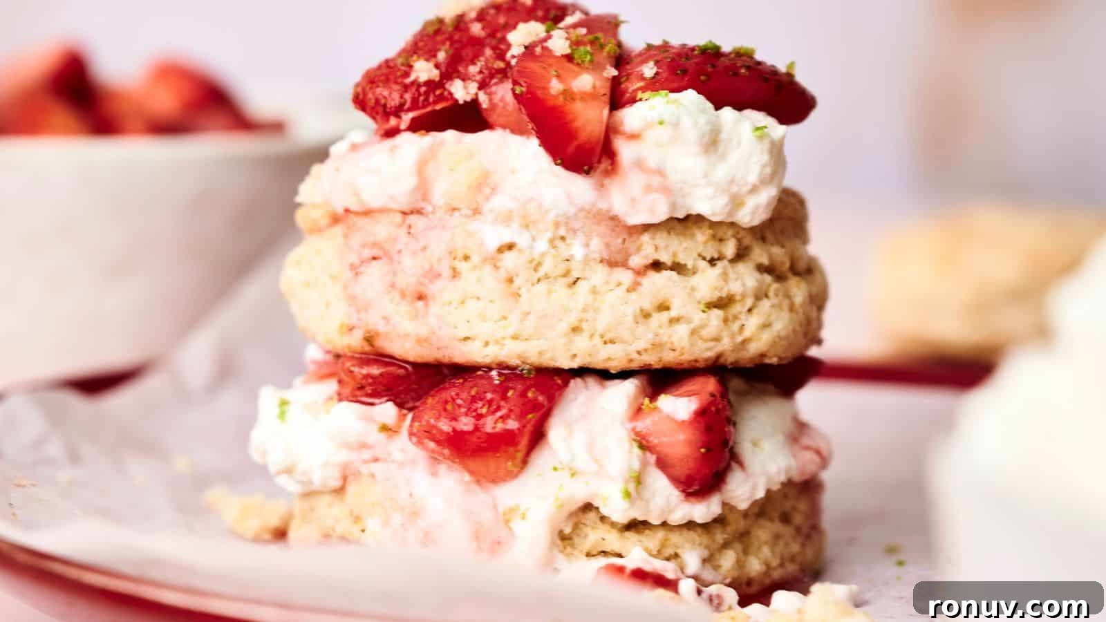 21 Strawberry Recipes to Savor Strawberry Season 22 A close-up of a delectable strawberry shortcake reveals layers of biscuit, whipped cream, and fresh strawberry pieces on a plate. In the background, a bowl of strawberries enhances the sweet temptation.