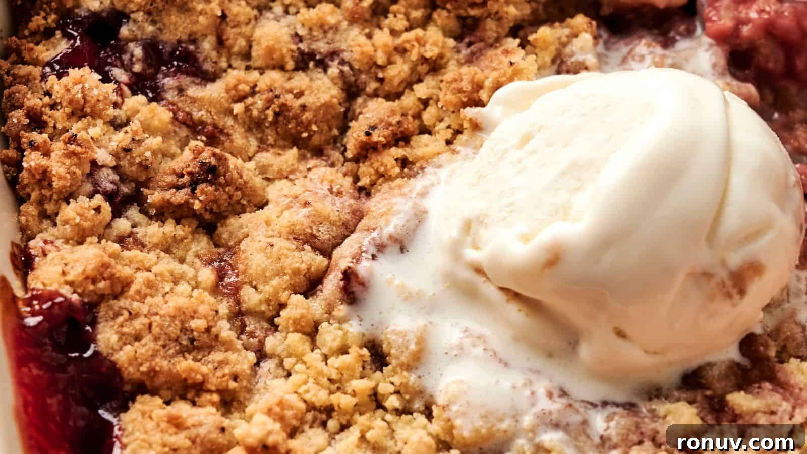 21 Strawberry Recipes to Savor Strawberry Season 4 A close-up of a fruit crumble dessert topped with a scoop of vanilla ice cream.