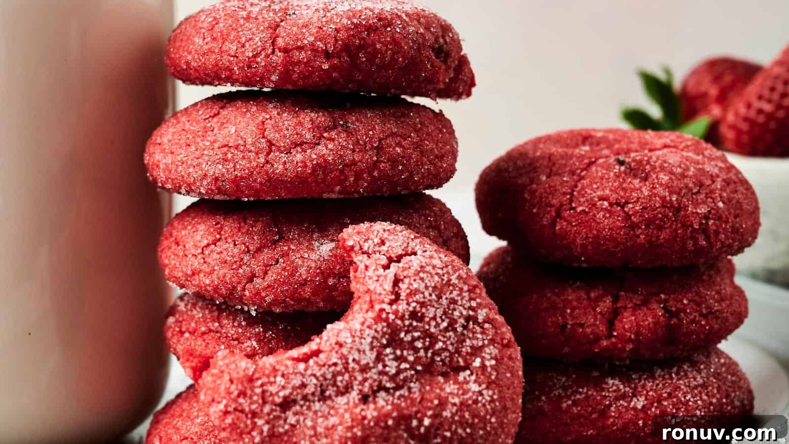 21 Strawberry Recipes to Savor Strawberry Season 5 Stacks of strawberry cookies, one with a bite taken out, are arranged next to a glass of milk and whole strawberries.