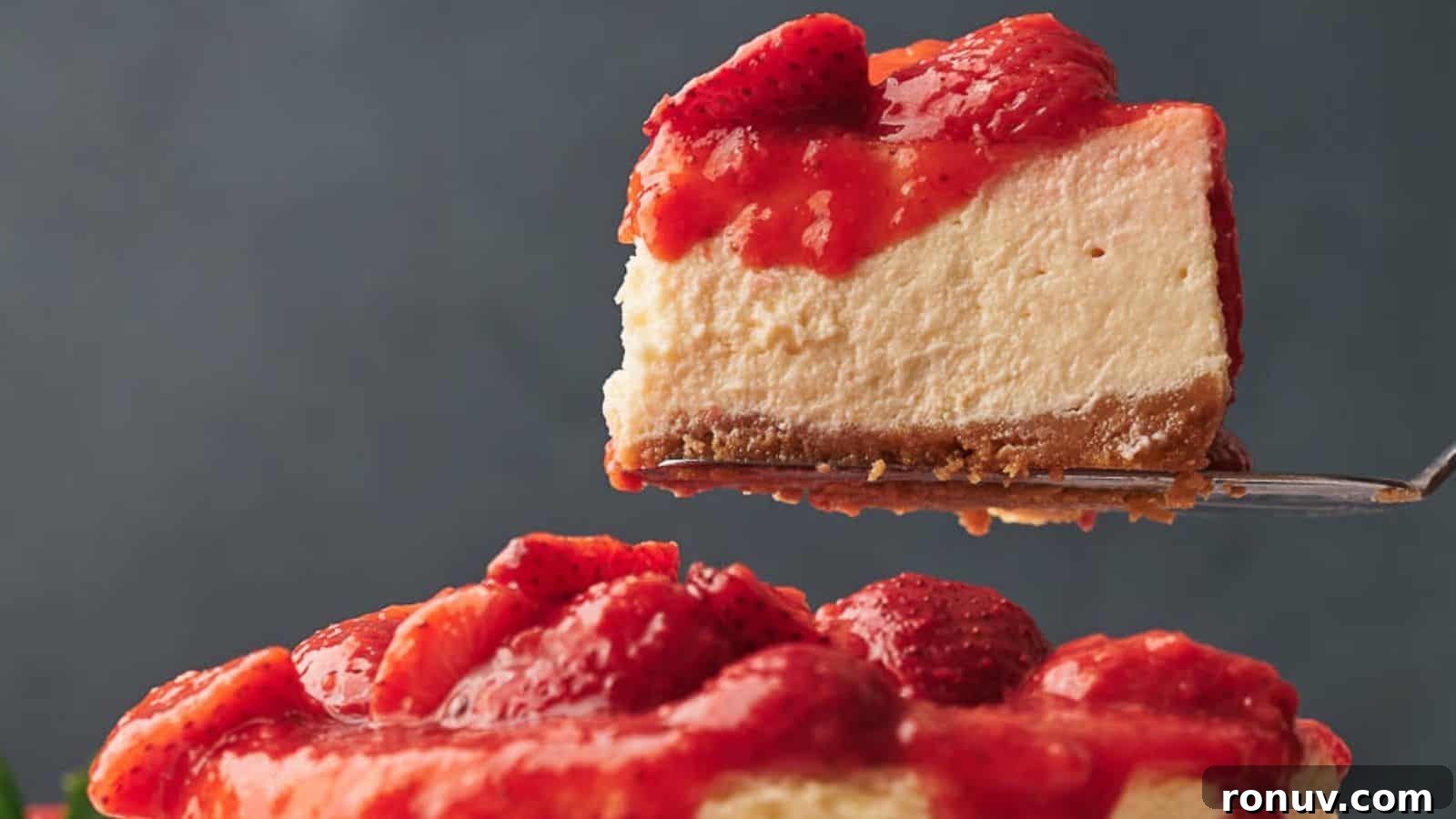 21 Strawberry Recipes to Savor Strawberry Season 8 A slice of strawberry-topped cheesecake is being lifted above the rest of the cake, showing a graham cracker crust and creamy filling.