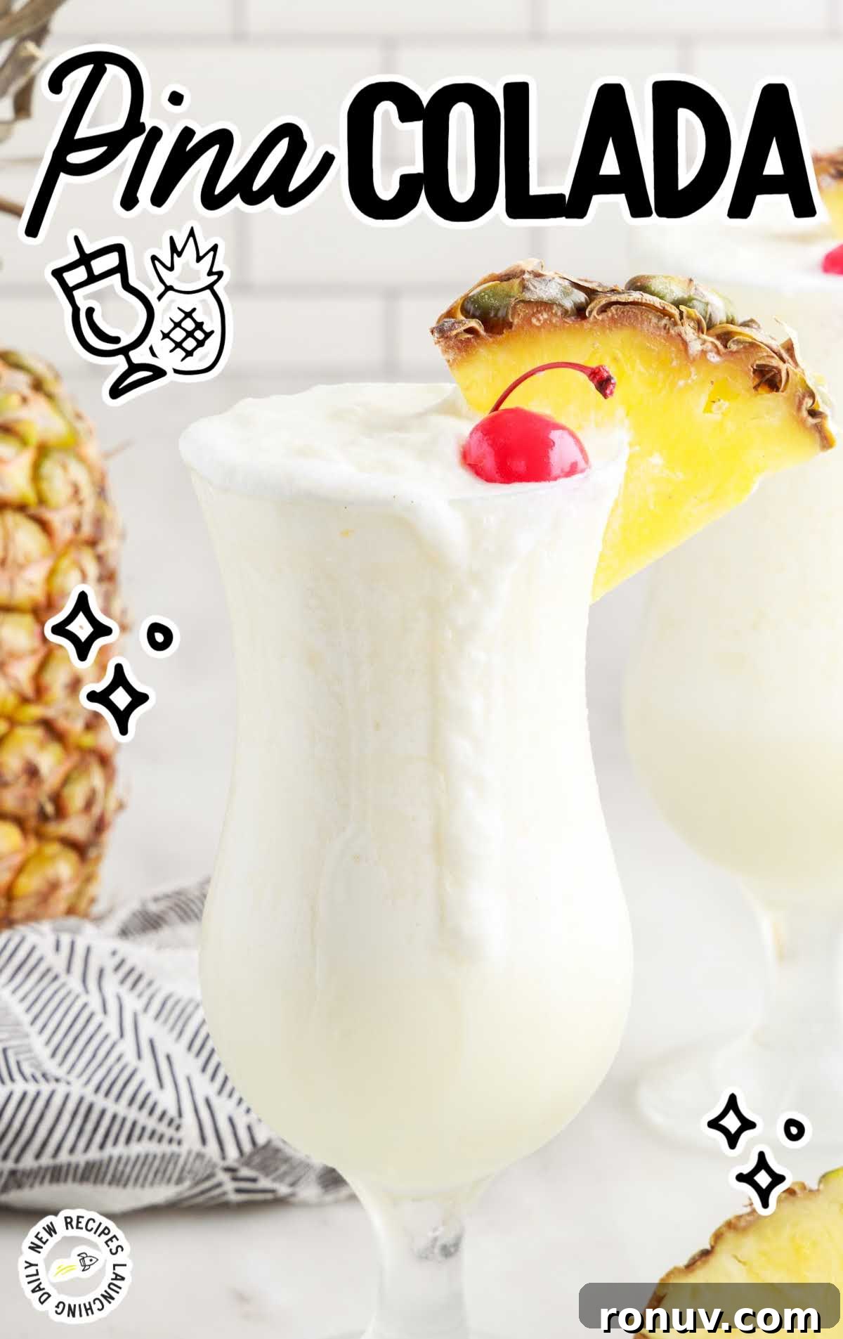 Classic Piña Colada Cocktail Recipe 2 Pina Colada in a glass topped with a cherry and a slice of pineapple