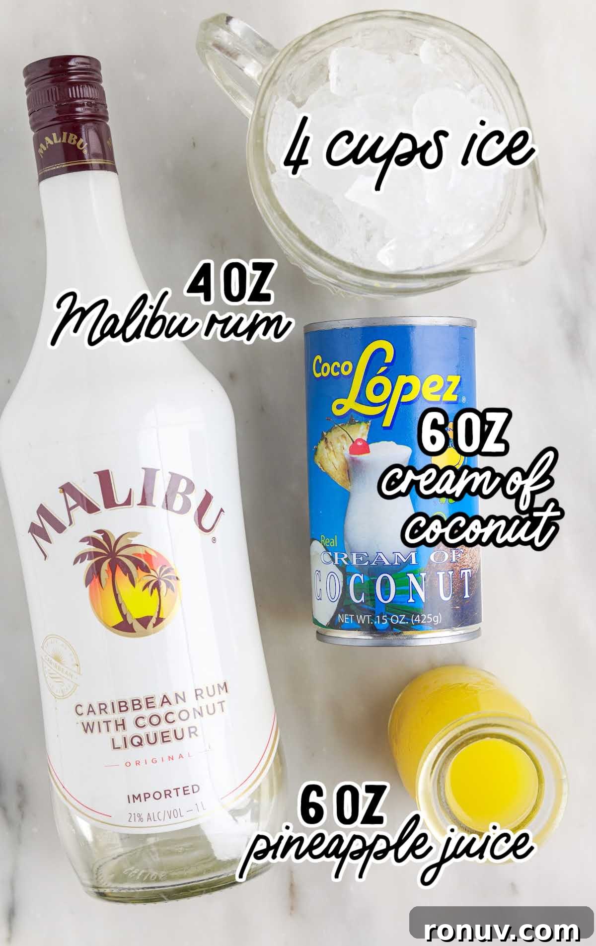 Classic Piña Colada Cocktail Recipe 3 Pina Colada raw ingredients that are labeled