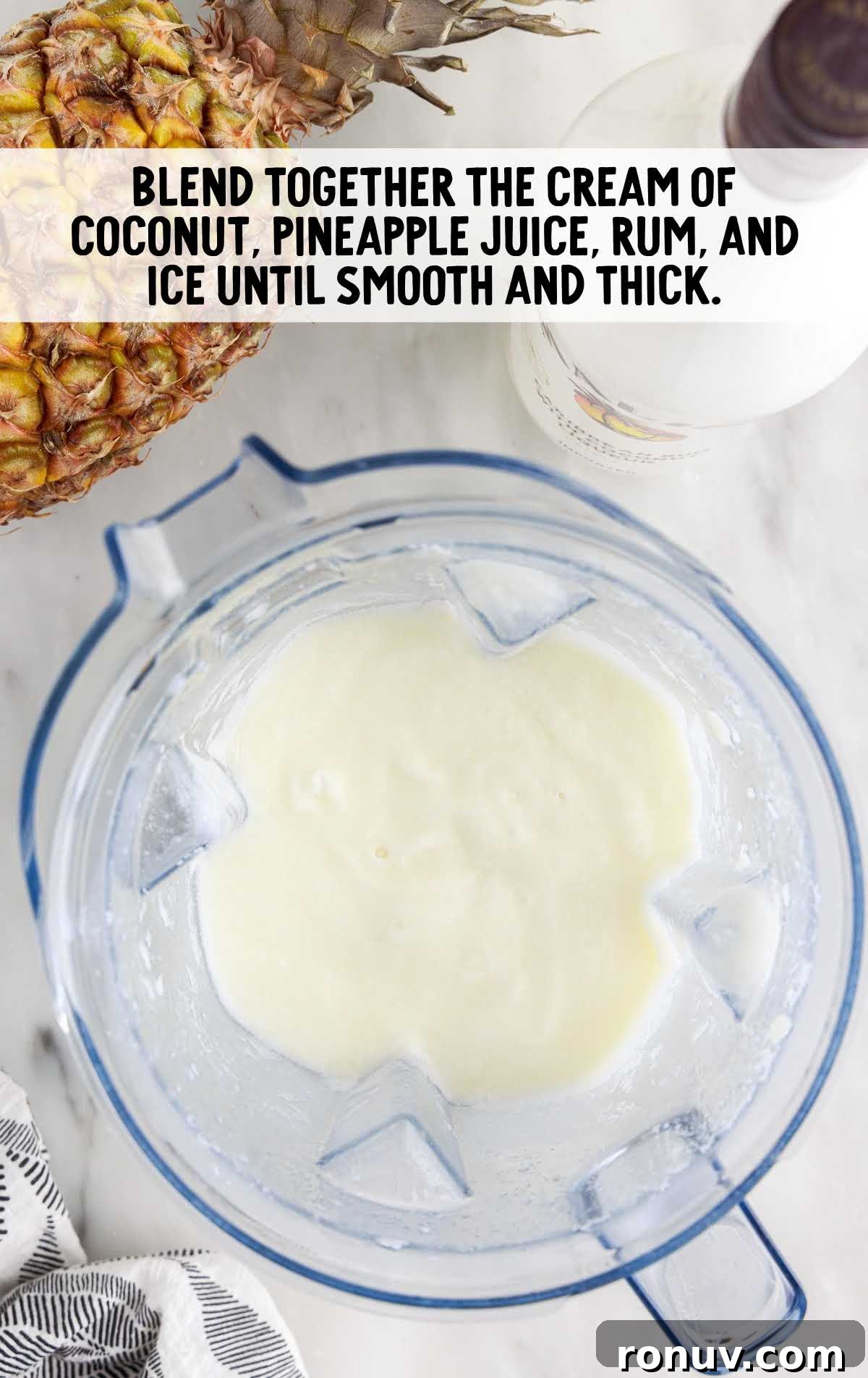 Classic Piña Colada Cocktail Recipe 4 cream of coconut, pineapple juice, rum, and ice in a blended in a blender