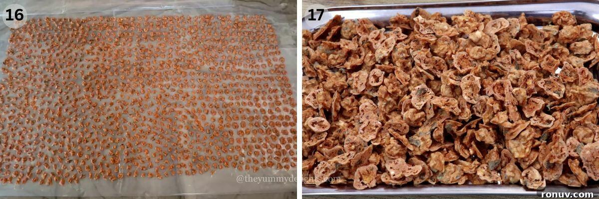 Kuvalyacho Vadyo: Goan Ash Gourd Vadiyo Recipe 13 collage image of 2 steps showing drying kuvalyacho vadyo. It shows sundried image of kuvalyacho vado on first day and after 5 days.