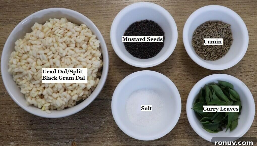 Kuvalyacho Vadyo: Goan Ash Gourd Vadiyo Recipe 4 individually labeled ingredients to make kuvalyacho vadyo recipe are laid out on a table.