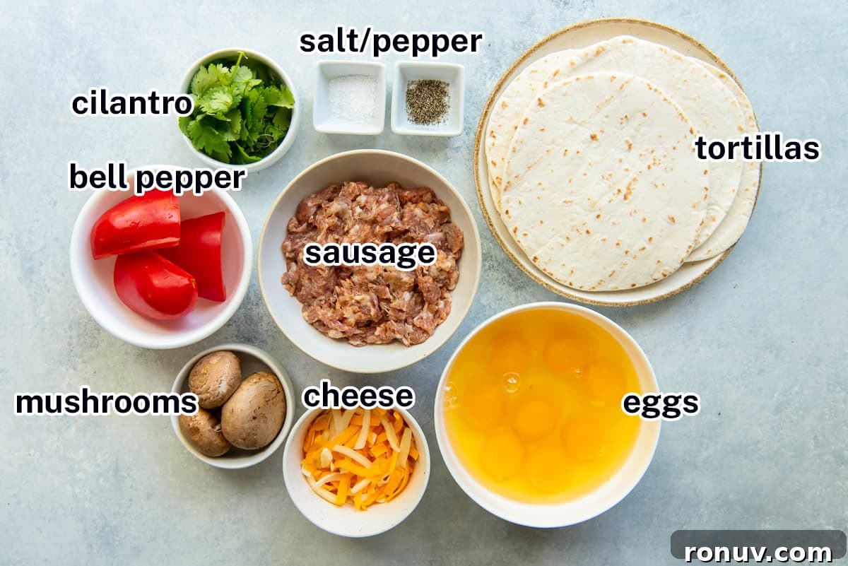 Crispy Oven-Baked Breakfast Taquitos Recipe 4 Tortillas, sausage, eggs and other ingredients with text.
