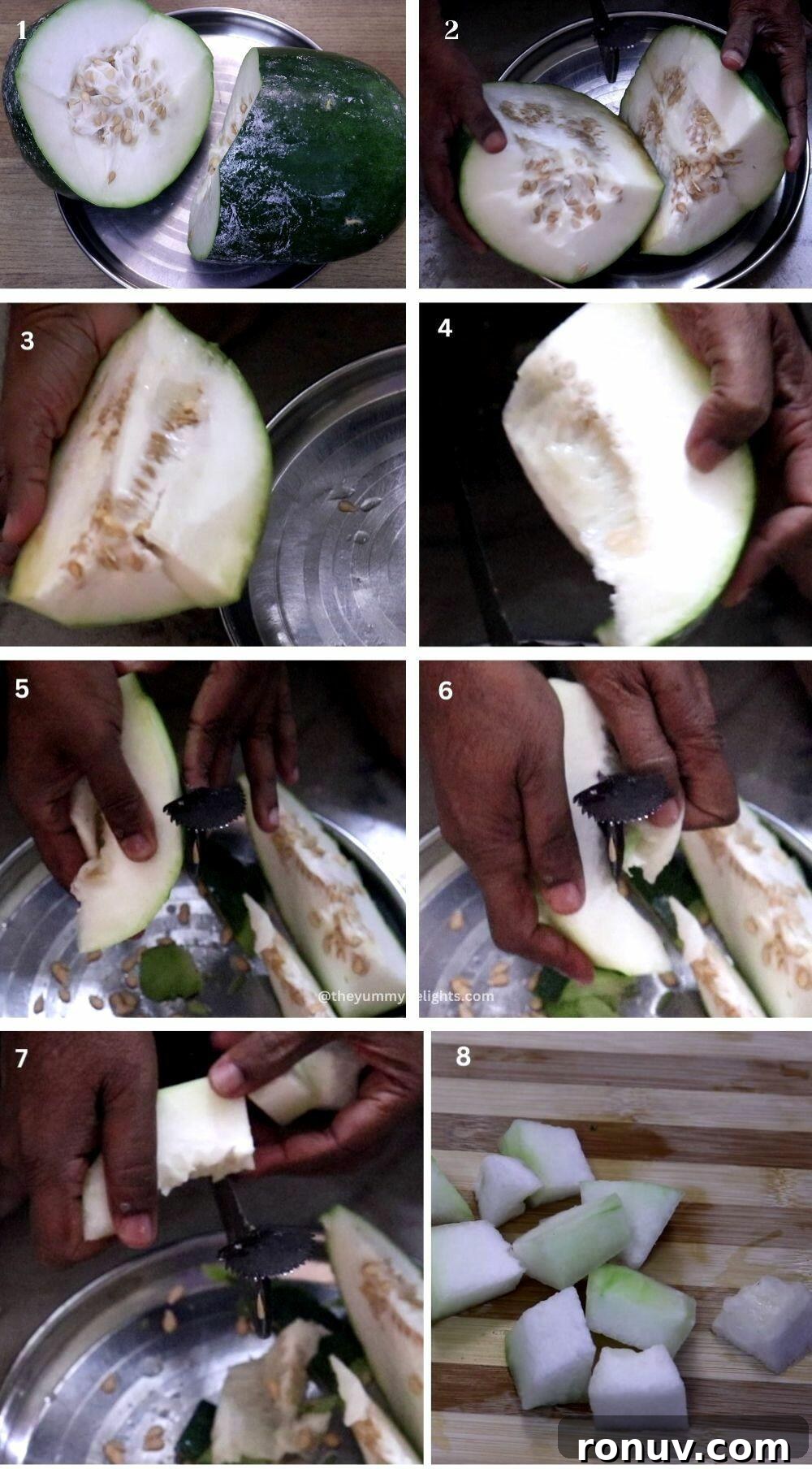 Kuvalyacho Vadyo: Goan Ash Gourd Vadiyo Recipe 5 collage image of 8 steps showing how to cut kuvalo or ash gourd to make kuvalyache vadyo recipe.