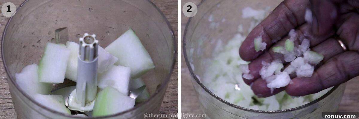 Kuvalyacho Vadyo: Goan Ash Gourd Vadiyo Recipe 6 collage image of 2 steps showing how to make kuvalyacho vadyo. It shows chopped kuvalyache pieces in a chopper.