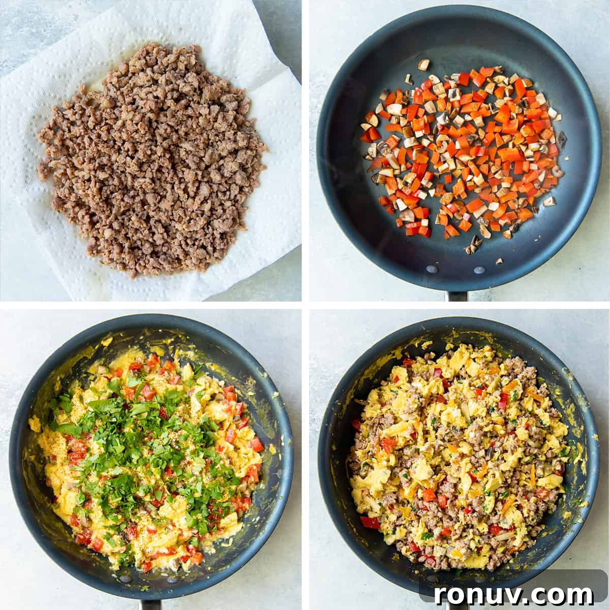 Crispy Oven-Baked Breakfast Taquitos Recipe 6 Four images showing a sausage, egg, and bell pepper mixture being cooked in a skillet.