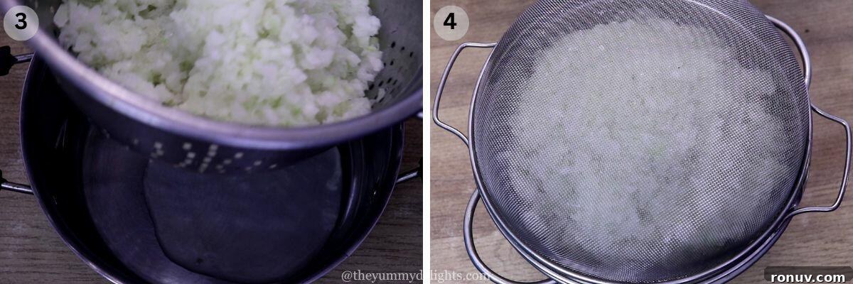 Kuvalyacho Vadyo: Goan Ash Gourd Vadiyo Recipe 7 collage image of 2 steps showing placing the chopped kuvalo on a strainer to make kuvalyache vadyo recipe.