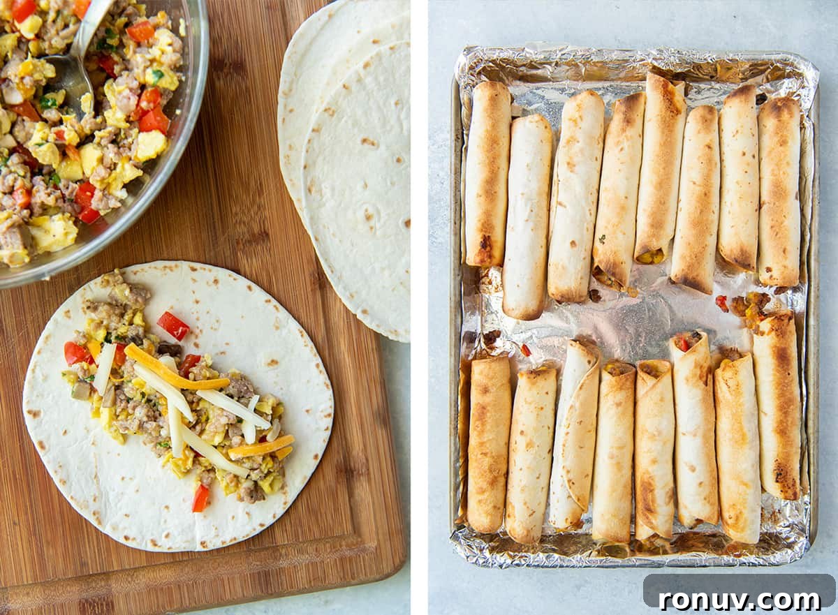 Crispy Oven-Baked Breakfast Taquitos Recipe 7 An egg and sausage mixture topped with cheese on top of a flour tortilla and a baking sheet filled with baked breakfast taquitos.