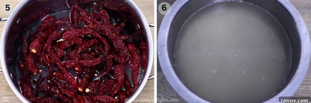 Kuvalyacho Vadyo: Goan Ash Gourd Vadiyo Recipe 8 collage image of 2 steps showing soaking the red chilies and urad dal to make kuvalyacho vadyo or ash gourd vadyo recipe.