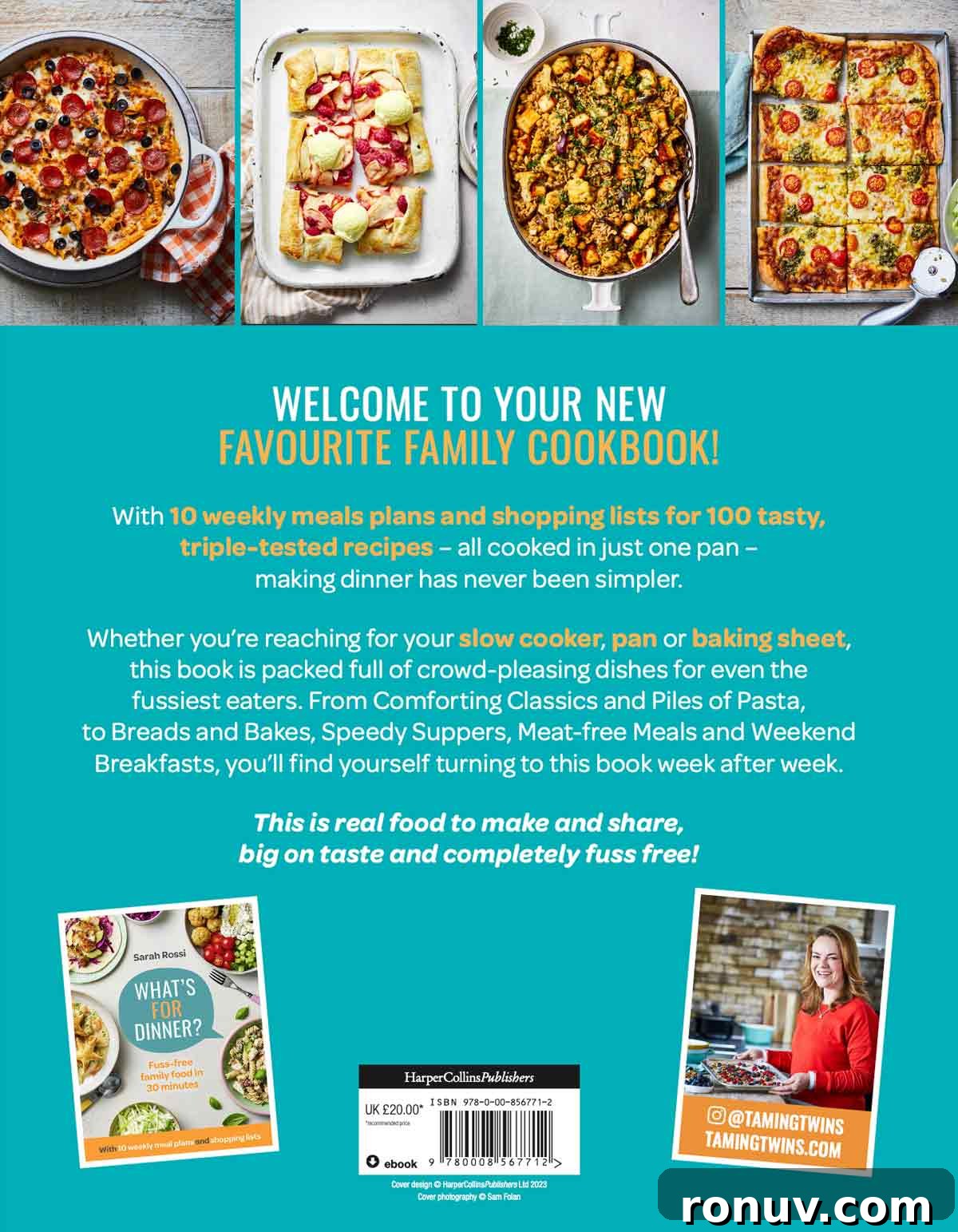 How to Have Calmer Evenings at Home 5 Back cover of what's for dinner in one pot by Sarah Rossi.