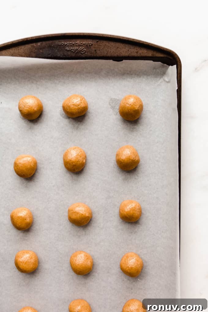 Chewy Vegan Peanut Butter Cookies Recipe 5 peanut butter cookie dough balls on a baking sheet