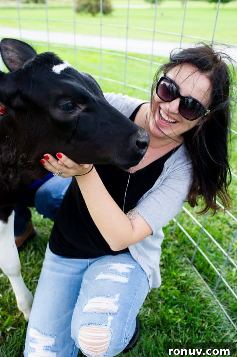 New York Dairy Tour 2018: Why I Moved to a Cheese Cave 9 A food blogger snuggling with a baby cow on the farm.