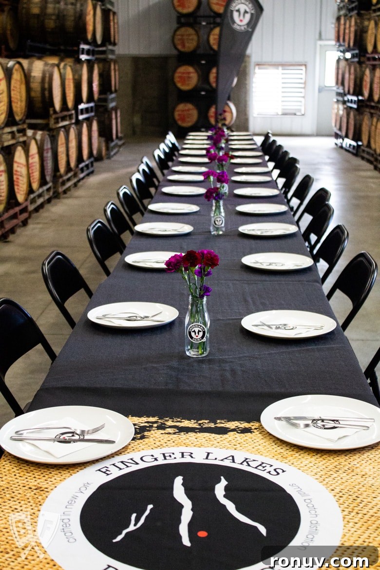 New York Dairy Tour 2018: Why I Moved to a Cheese Cave 11 Table set for lunch in the barrel room of Finger Lakes Distilling