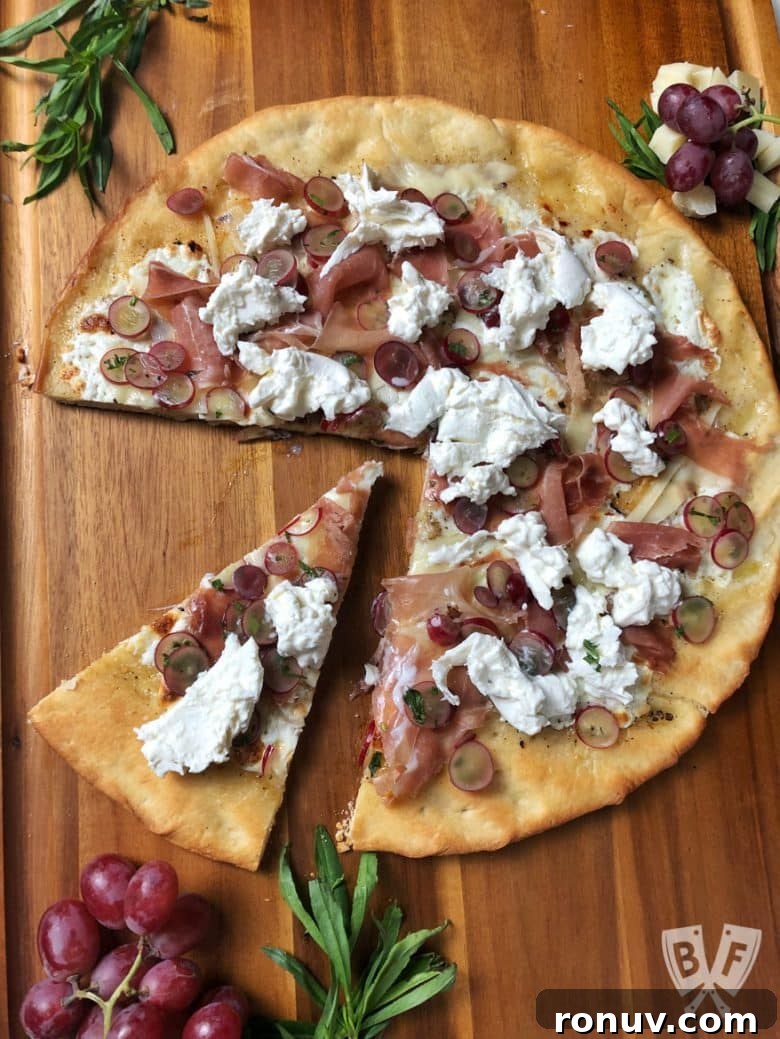 New York Dairy Tour 2018: Why I Moved to a Cheese Cave 17 Overhead view of Burrata Pizza with Prosciutto and Pickled Grapes.