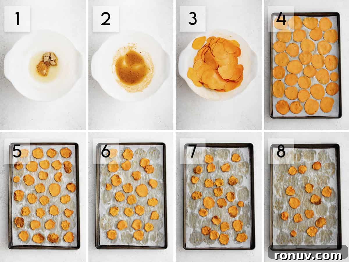 How to Make Crispy Sweet Potato Chips at Home 3 eight panel collage image showing the process of preparing sweet potato chips using the oven method