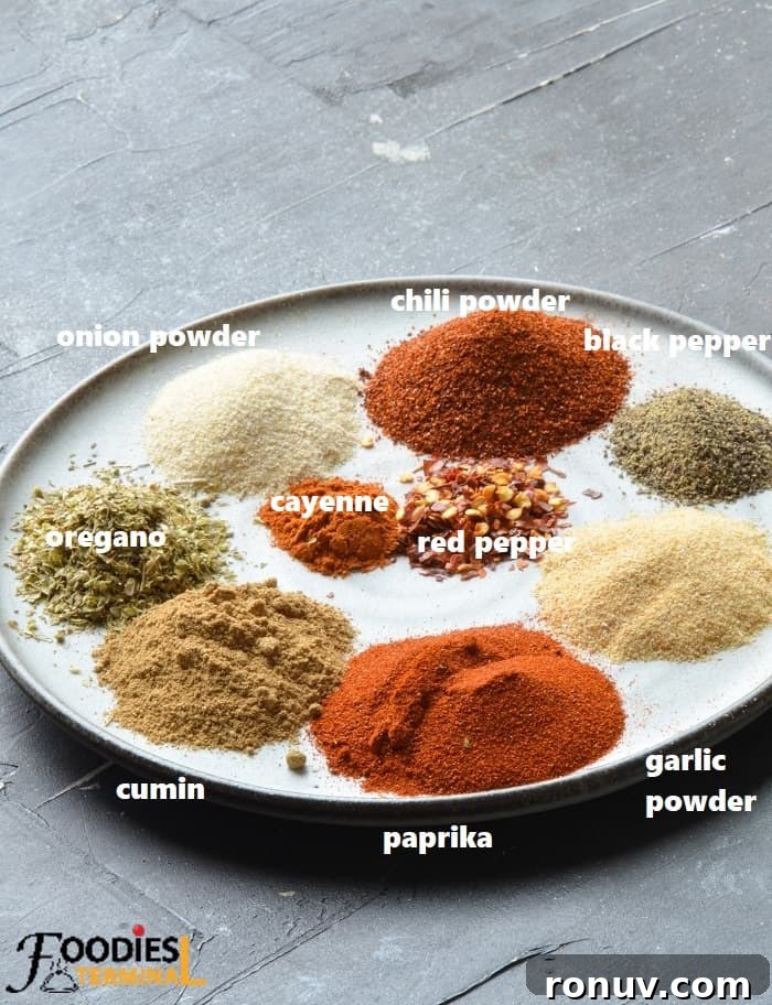 Homemade Salt-Free Fajita Seasoning Recipe 3 Homemade Fajita seasoning ingredients on a grey plate kept on a black surface
