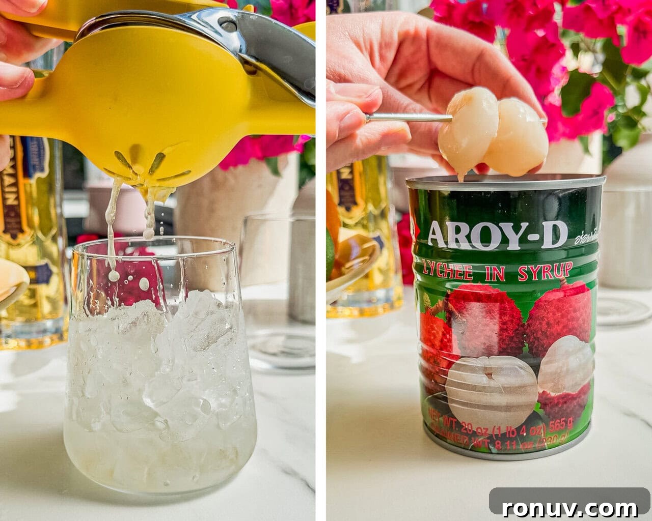 lime juice being squeezed from a yellow juicer into a glass, two lychees being taken out of a can of lychees 