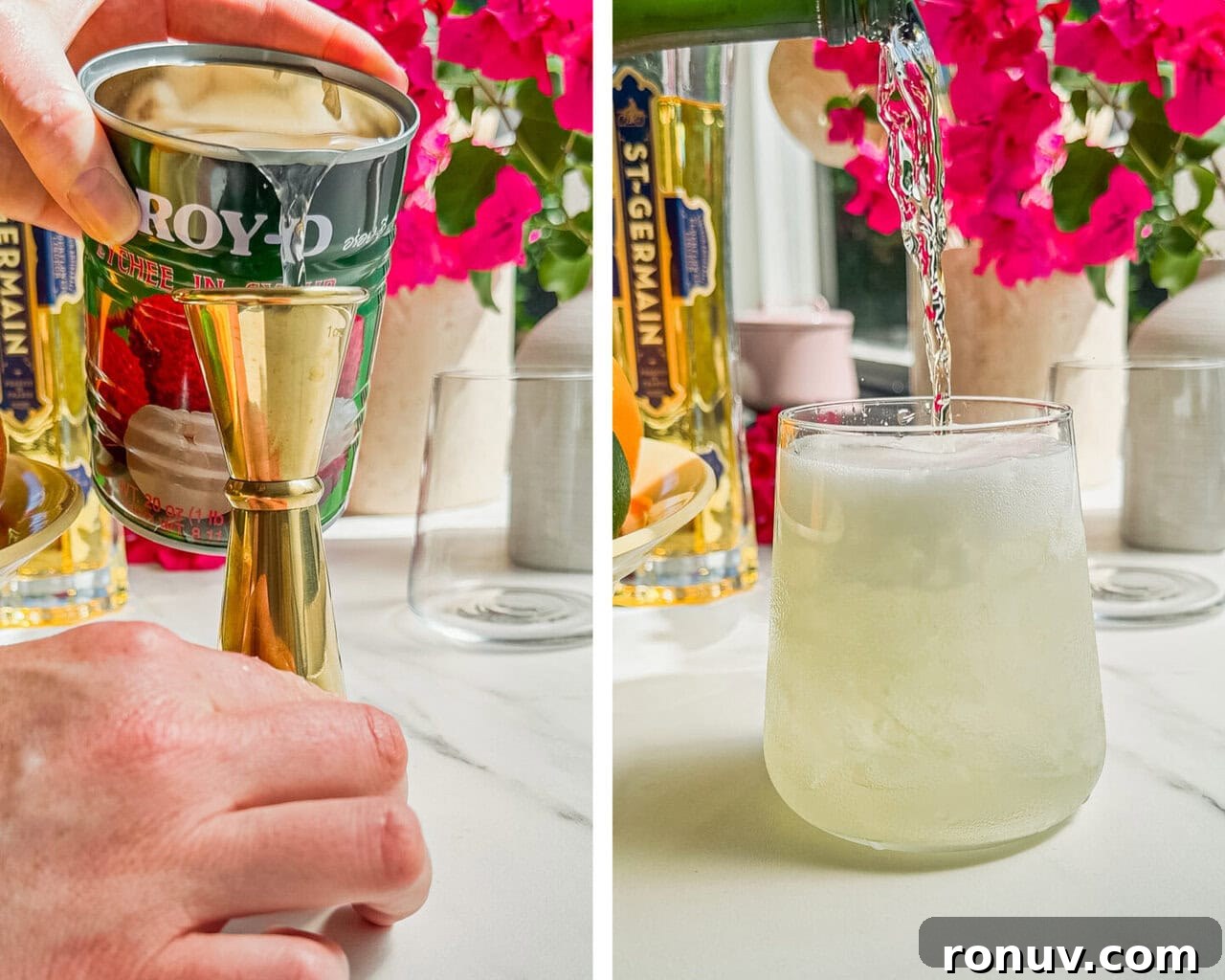 canned lychee juice being poured into a jigger, prosecco added to a glass 