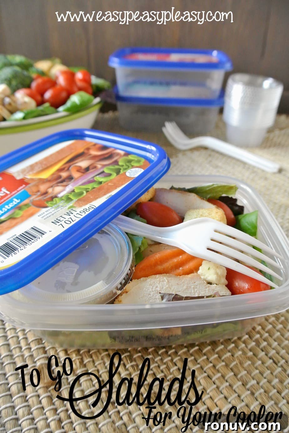 No-Cleanup To-Go Salads for Coolers and Picnics 2 From salad to container to cooler to trash. You are gonna want all the details on how to make boating, camping, beaching, and tailgating easy with these To Go Salads for your cooler!