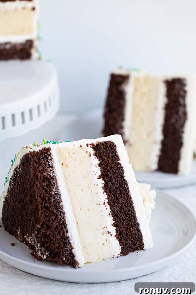 Guinness and Baileys Chocolate Cheesecake Recipe 3 slice of Guinness and Baileys Cheesecake Cake on a white dessert plate
