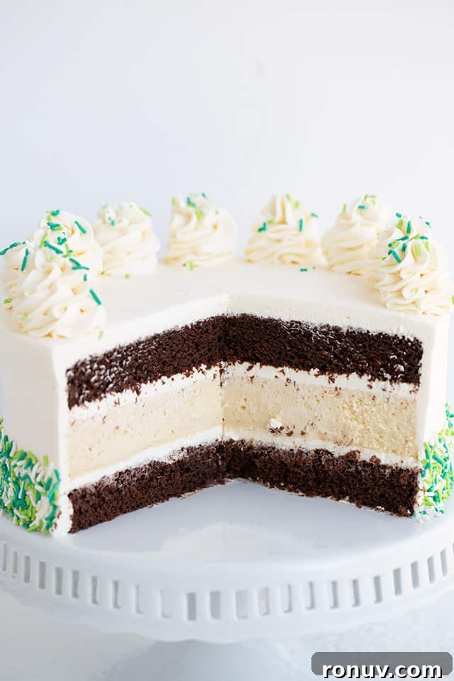 Guinness and Baileys Chocolate Cheesecake Recipe 6 cake with a slice missing on a white cake plate showing the inside layers