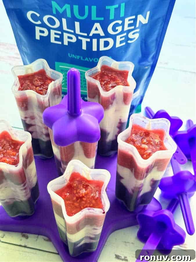 Homemade Collagen Popsicles Recipe for Glowing Skin 6 popsicle molds filled with collage popsicle ingredients, ready to freeze
