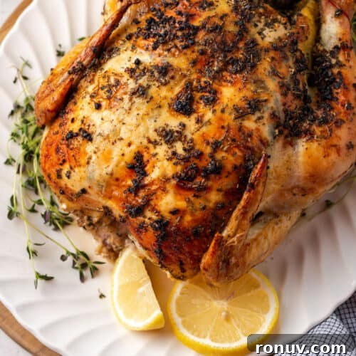 30-Minute Creamy Marry Me Chicken Pasta Recipe 15 An herb roasted chicken on a white serving platter.