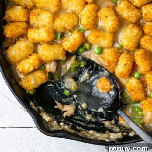 30-Minute Creamy Marry Me Chicken Pasta Recipe 18 A cast iron skillet filled with chicken casserole with tater tots.