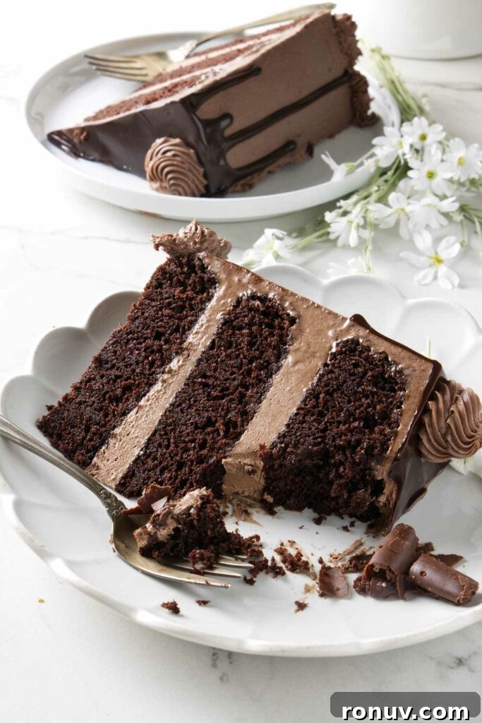 Triple Chocolate Layer Cake Recipe: Moist, Fudgy Layers 2 A partially eaten slice of chocolate cake with chocolate buttercream.