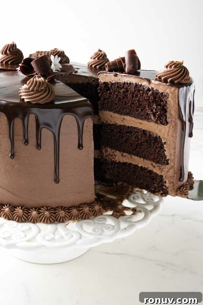 Triple Chocolate Layer Cake Recipe: Moist, Fudgy Layers 3 Serving a slice of a triple layer chocolate cake.