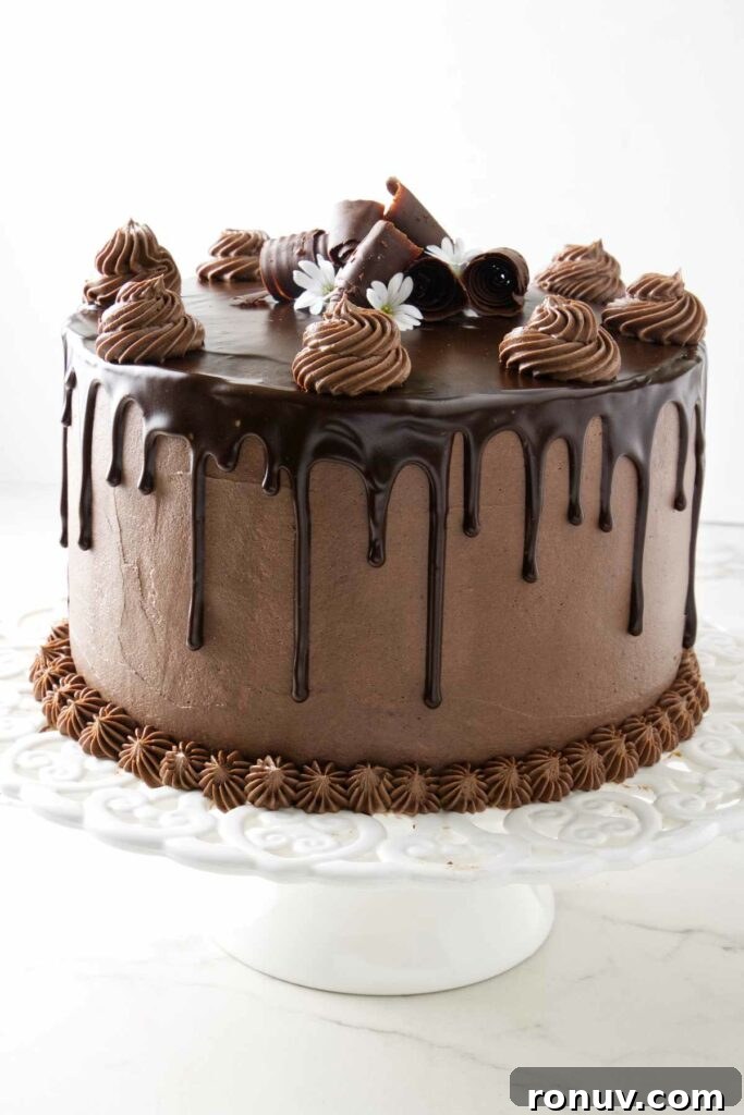 Triple Chocolate Layer Cake Recipe: Moist, Fudgy Layers 6 A 9-inch chocolate cake with a chocolate ganache drip.