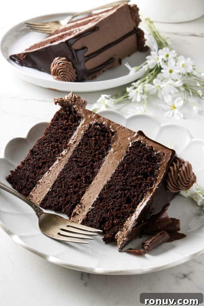 Triple Chocolate Layer Cake Recipe: Moist, Fudgy Layers 7 Two slices of triple chocolate cake on white plates.
