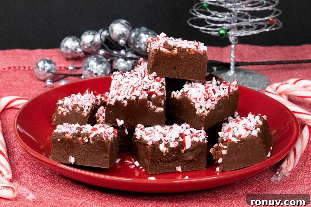 No-Bake Chocolate Peppermint Fudge Recipe 2 Peppermint fudge slices on red plate.